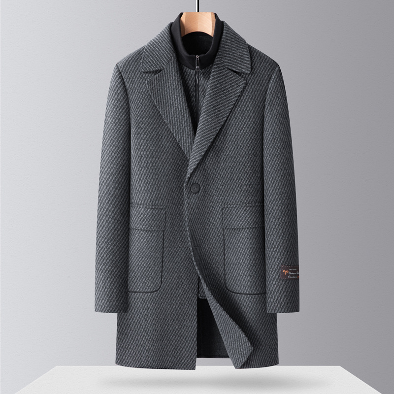 中老年二件套双面呢羊毛大衣秋冬新款双领羽绒脱卸内胆羊毛大衣男