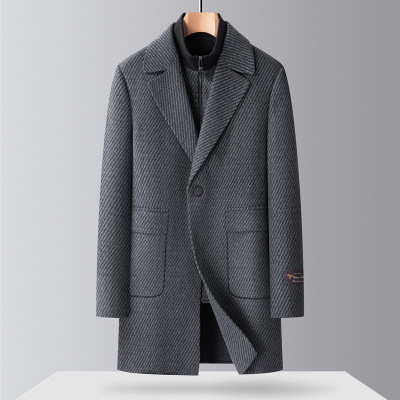 中老年二件套双面呢羊毛大衣秋冬新款双领羽绒脱卸内胆羊毛大衣男