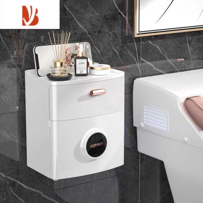 三维工匠卫生间纸巾盒厕所置物架防水厕纸盒洗手间免打孔抽纸盒收纳2217 亮面镀金款-白色