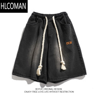 HLCOMANBOYUE帛跃水洗牛仔短裤美式复古夏季bf风简约松紧腰vibe男五分裤