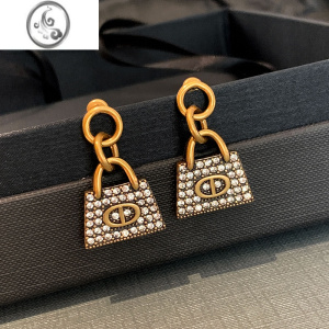 JiMi复古满镶钻耳钉字母耳环女小众设计感高级气质包包耳坠耳饰 复古镶钻包包耳环