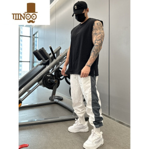 YANXU拼接束脚运动裤男潮休闲裤夏宽松阔腿裤情侣健身长裤撞色束脚裤