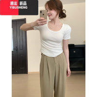 YIBUSHENG奶黄色t恤女短袖2024新款季修身收腰设计感简约U领上衣体恤