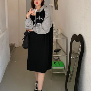 冬季新款宽松慵懒风连帽卫衣裙女加绒加厚过膝长裙胖MM遮肉显瘦裙