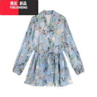 YIBUSHENG蓝色碎花v领长袖雪纺连衣裙女季度假温柔风气质短裙a字蛋糕裙子