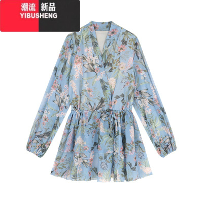 YIBUSHENG蓝色碎花v领长袖雪纺连衣裙女季度假温柔风气质短裙a字蛋糕裙子