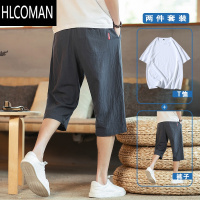 HLCOMAN亚麻短裤男夏外穿中裤宽松七分裤男款夏季薄款棉麻裤子休闲7分裤