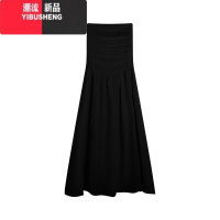 YIBUSHENG黑色褶皱无袖抹胸裙连衣裙女季海边高级感气质A字裙过膝长裙子
