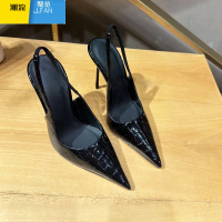 聚范鞋子新款2023女秋季黑色高跟鞋细跟尖头浅口后空性感法式单鞋
