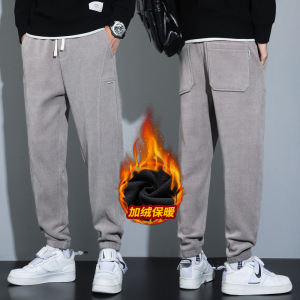 冬季裤子男百搭帅气潮流男裤内里加绒品质舒适束脚休闲九分裤男款