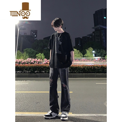YANXU黑色破洞牛仔裤夏季薄款男工装显腿长裤子高街美式vibe直筒微喇裤