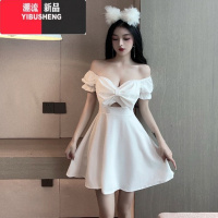 YIBUSHENG性感暴露女装低胸夜场上班裙子立体大蝴蝶结拼接泡泡袖连衣裙季