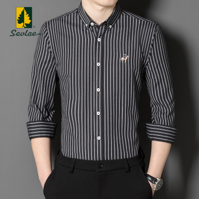 圣弗莱高档牛津纺绣花长袖男士衬衫商务休闲职业条纹免烫潮男衬衣