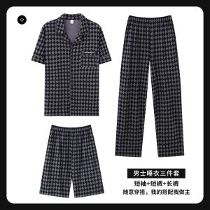 新款男士睡衣夏季短袖短裤高级感开衫家居服套装三件套长裤可外穿