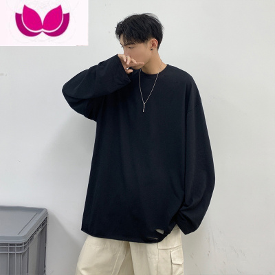 七斓纯色破洞长袖T恤男百搭潮流ins情侣圆领内搭学生打底衫上衣服