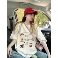 [2.5折价53元]唐狮夏季女圆领前胸小狗图案短袖T恤可爱百搭韩系慵懒风潮流