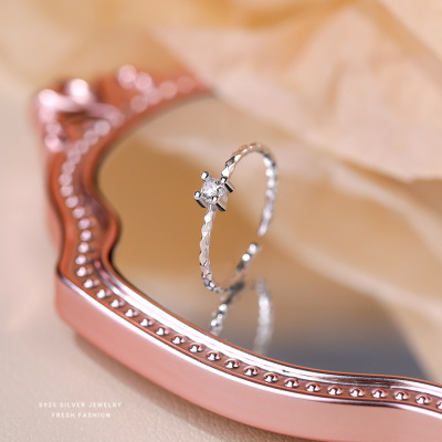 韩版简约时尚波光粼粼锆石戒指女s925纯银百搭食指戒个性开口指环送女朋友老婆情人节七夕生日礼物