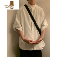 YANXU新中式无领棉麻衬衫男短袖夏季日系复古大码休闲7七分袖亚麻衬衣