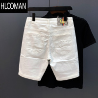 HLCOMAN高端轻奢白色牛仔短裤男潮牌2025夏季薄款潮流百搭印花五分中裤子