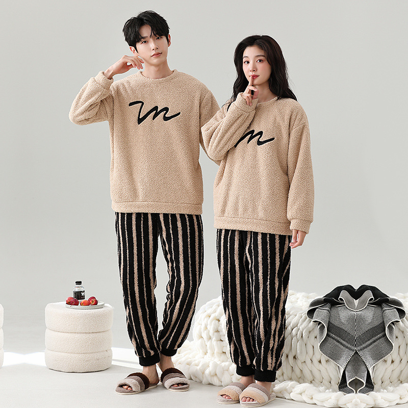 情侣睡衣女款春秋冬季珊瑚绒加厚加绒保暖一男士一女士家居服套装