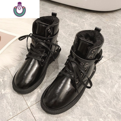 FISHBASKET冬季2020新款雪地靴女百搭保暖铆钉短筒棉鞋网红亮面加绒加厚潮鞋靴子