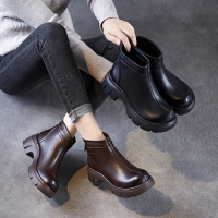 头层牛皮短靴女秋冬季英伦复古休闲简约粗跟后拉链马丁皮靴子