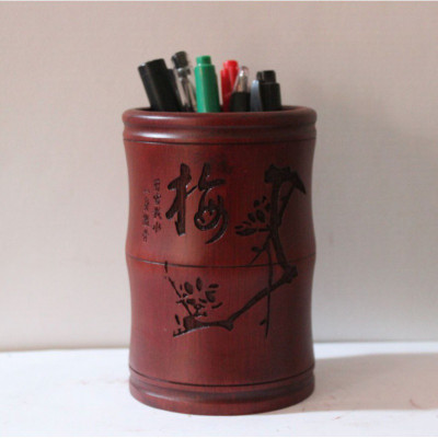 竹制中国风圆形毛笔筒木制定制学生复古创意时尚多功能办公刻笔桶三维工匠美酒红色雕刻道德经-