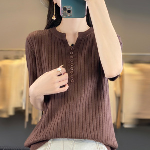 优雅针织短袖女修身气质V领纽扣上衣春秋内搭毛衣半袖打底衫