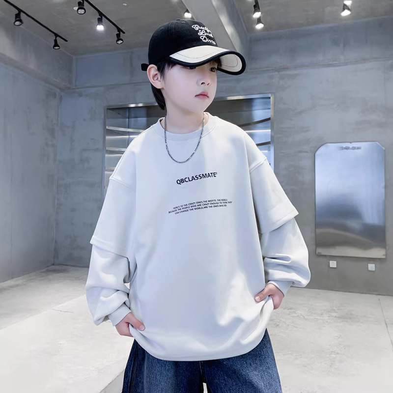 男童卫衣春秋款2026新款大童春季假两件上衣洋气儿童春装打底衫潮