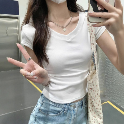 含棉韩系白色V领短袖T恤女夏季修身设计感褶皱收腰甜辣妹短款上衣