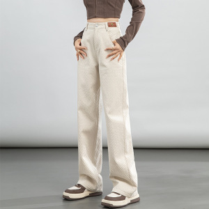 年秋季新款提花牛仔裤女米白色高腰创意皮标宽松阔腿长裤