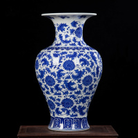 景德镇陶瓷花瓶摆件仿古青花瓷落地插花器中式家居客厅装饰品大号 三维工匠 小号青花缠枝莲鱼尾送底座