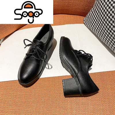 七色王国英伦风小皮鞋女2020新款秋冬季加绒黑色圆头粗跟高跟厚底系带单鞋休闲鞋