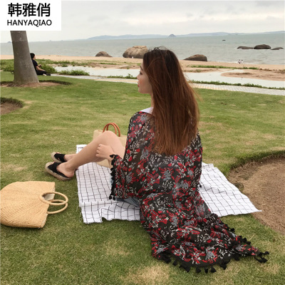 韩雅俏(HANYAQIAO)2018新品流苏长款雪纺碎花防晒衣