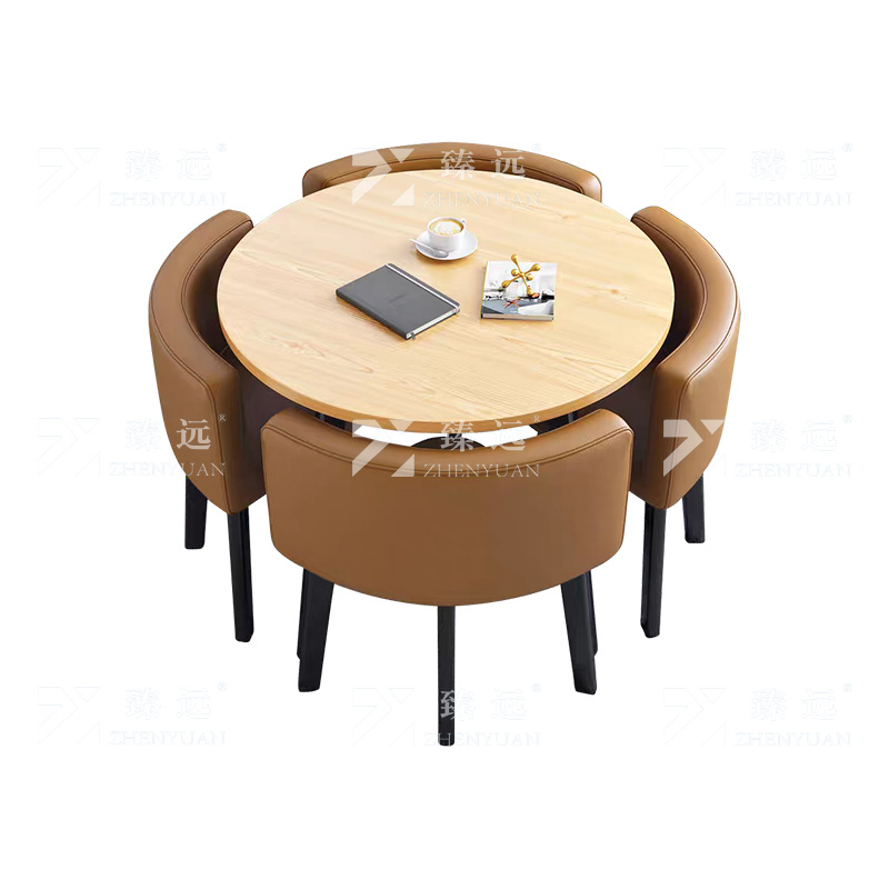 臻远 ZY4100942 简约接待桌椅洽谈桌椅 一桌四椅 水曲圆桌棕色皮椅