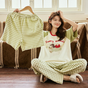 棉质带胸垫睡衣女夏季短袖短裤长裤三件套可爱卡通薄款家居服套装