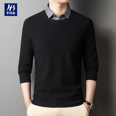 男装假两件毛衣男衬衫领秋冬新款时尚男士针织打底衫潮