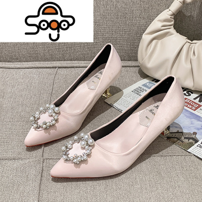 七色王国名媛风高跟2020新款网红方扣红色新娘婚鞋尖头细跟伴娘鞋平时可穿休闲鞋