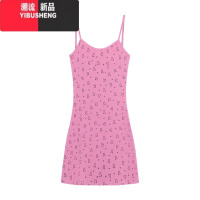 YIBUSHENG小熊印花吊带连衣裙女装季甜辣妹收腰包臀裙小个子短裙粉色裙子