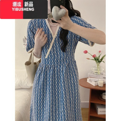YIBUSHENG大码蓝色连衣裙女季新款胖mm显瘦中长款刺绣复古泡泡袖V领裙子