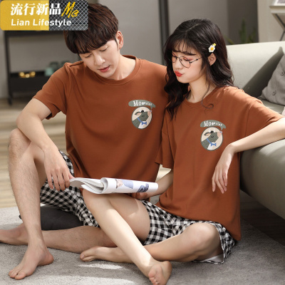 恋名媛2套价夏季情侣睡衣棉韩版可爱男士家居服套装女款睡裙短袖薄款睡衣