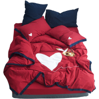 美帮汇日式水洗棉四件套简约北欧超柔全棉全棉床套被套北欧床单男 红