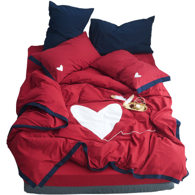 美帮汇日式水洗棉四件套简约北欧超柔全棉全棉床套被套北欧床单男 红