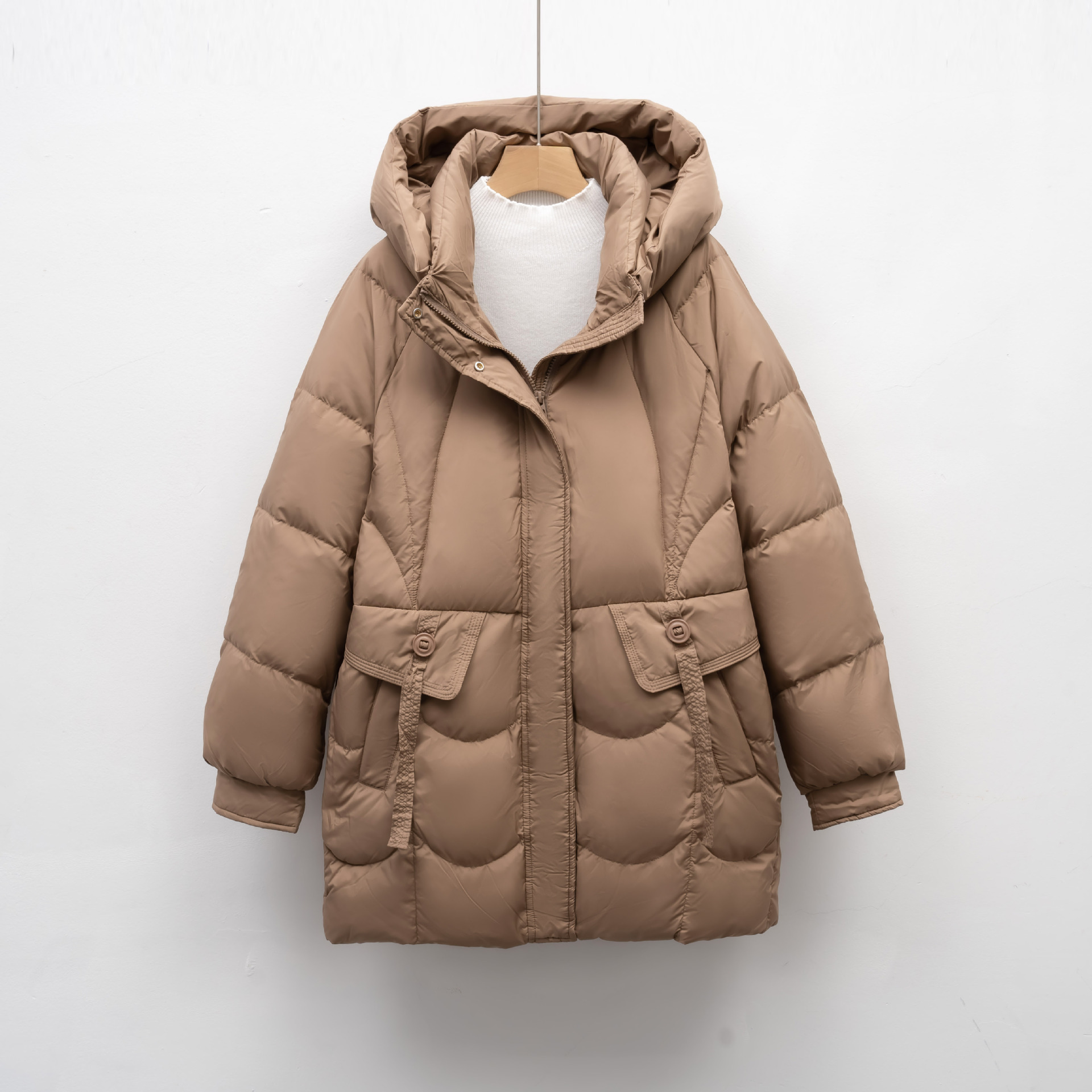 加厚时尚简约连帽保暖时尚冬季外套面包服中长款宽松羽绒服