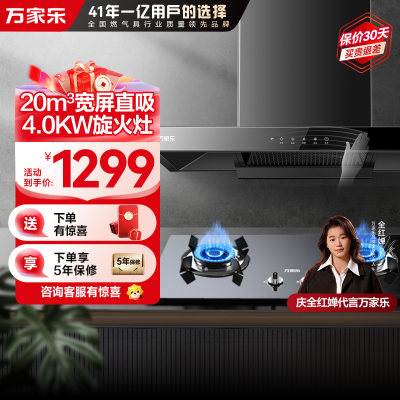 万家乐 烟灶厨电套餐装20m³吸力油烟机欧式顶吸挥手智控智旋暴风洗台嵌两用液化气灶AT051+KA031B(Y)