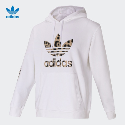 adidas阿迪达斯三叶草白色卫衣男套头衫2020新款豹纹连帽运动服GT4361