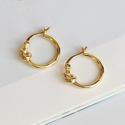 日韩S925纯银简约打结绳结同心结爱心金色耳扣耳环耳饰品女学生送女朋友老婆情人节七夕生日礼物