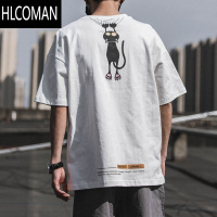 HLCOMAN夏季上衣猫咪印花T恤男短袖潮牌宽松百搭半袖情侣ins体恤