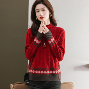 免费试穿 半高领羊绒衫女宽松拼接印花潮流加厚毛衣羊毛衫针织打底衣针织上衣服打底衫春秋内搭大码显瘦洋气打底衫女