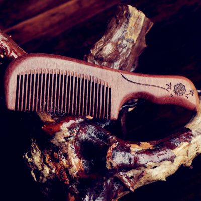 款式花色随机发-带柄加厚红檀木梳子19公分美发梳子按摩梳直发密齿带梳柄梳子